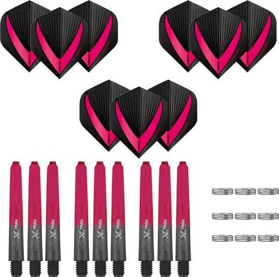 Darts Set - 18-delig - Maxgrip - 3 sets - dart shafts - zwart-roze - short - 3 sets - Vista-X - dart flights van Shot!