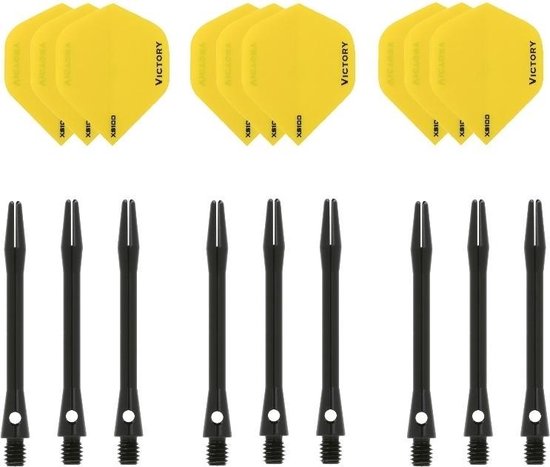 Darts Set - 3 sets - XS100 Poly - Geel - Darts flights - plus 3 sets - aluminium - darts shafts - zwart - medium van Dart