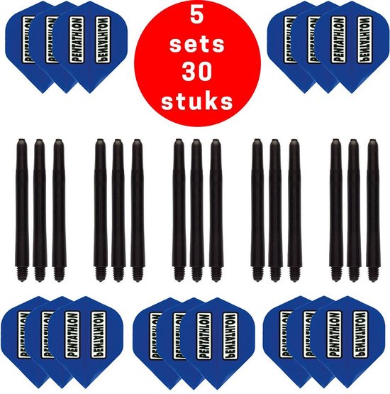 Darts Set - 5 sets (15 stuks) Pentathlon darts flights - super stevig - blauw - incl. 5 sets (15 stuks) - medium - darts shafts - zwart van Dart