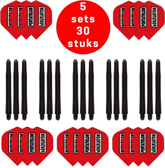 Darts Set - 5 sets (15 stuks) Pentathlon darts flights - super stevig - rood - incl. 5 sets (15 stuks) - medium - darts shafts - zwart van Dart