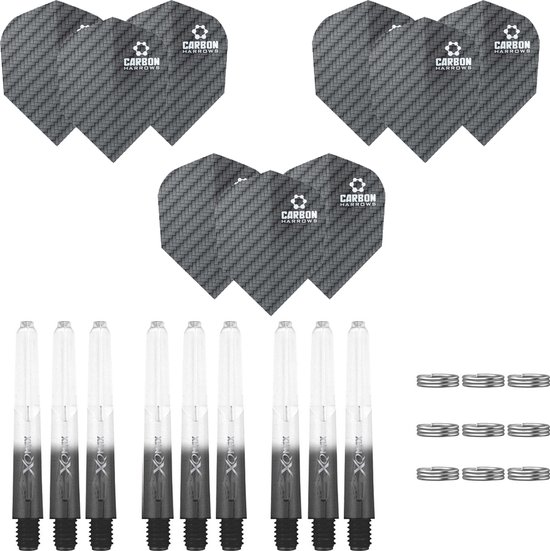 Darts Set - Maxgrip - 3 sets - dart shafts - zwart-clear - inbetween - en 3 sets - carbon - dart flights van Mission Darts