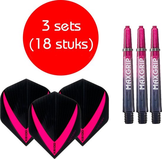 Darts Set - Maxgrip - 3 sets - darts shafts - zwart-roze - inbetween - en 3 sets - Vista-X - stevige - darts flights van Dart