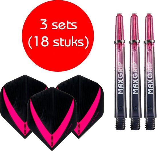 Darts Set - Maxgrip – 3 sets - darts shafts - zwart-roze - medium – en 3 sets – Vista-X – stevige - darts flights van Merkloos