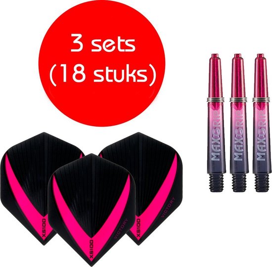 Darts Set - Maxgrip – 3 sets - darts shafts - zwart-roze - short – en 3 sets – Vista-X – stevige - darts flights van Dart