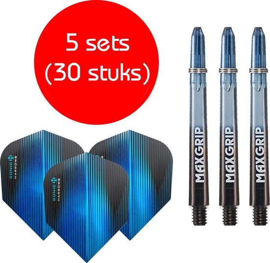 Darts Set - Maxgrip – 5 sets - darts shafts - zwart-blauw - medium – en 5 sets – Sonic blauw – darts flights van Dart