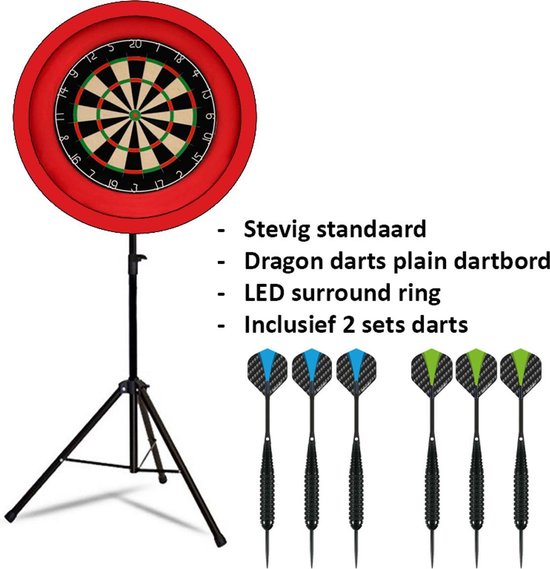 Darts Set - Portable dartbord standaard LED pakket plus - inclusief best geteste - dartbord - LED surround ring - en - dartpijlen - rood van Laeto