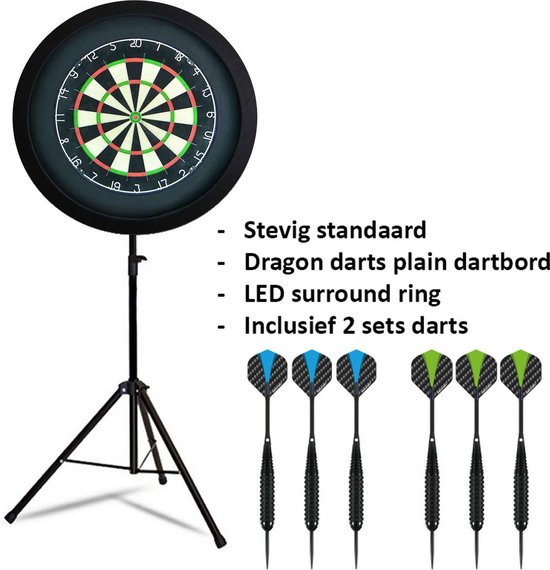 Darts Set - Portable dartbord standaard LED pakket plus - inclusief best geteste - dartbord - LED surround ring - en - dartpijlen - zwart van TIGA Deluxe