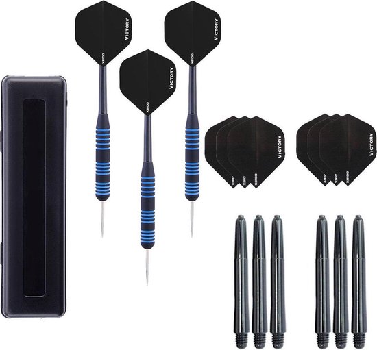 Darts Set - Victory Blue Line - 23 gram - 100% brass - dartpijlen – inclusief 3 sets (9 stuks) – dart shafts – en 3 sets (9 stuks) – dart flights van Dart