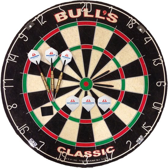 Darts Warehouse Starters Set - Dartbord (Bulls Classic) & Ophangset - 19g Dartpijlen - Shafts + Flights - Darten - Cadeau vader van Merkloos