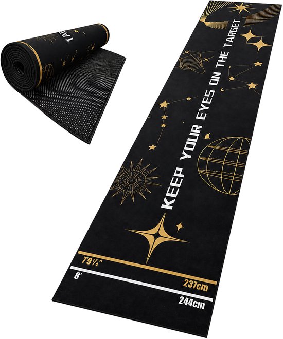 darttapijt - 60x260 cm - zwart-goud - met opdruk Houd je ogen op het doel - antislip