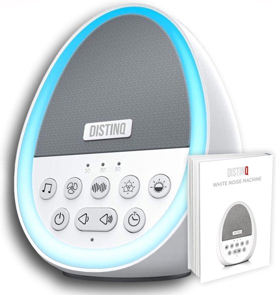 DistinQ White Noise Machine - Witte Ruis Slaaptrainer voor Baby - Slaaphulp met 8 verschillende kleuren LED verlichting en 29 rustgevende geluiden van DistinQ