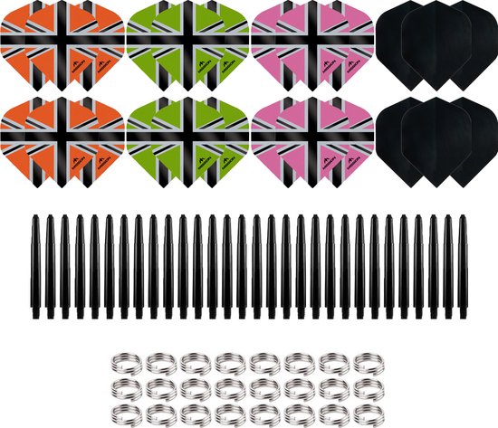 Dragon Darts Dart Flights en Dart Shafts - Multipack - 26 Sets - 78 Stuks - Veerringetjes - Extra Stevig - Darts Flights - Darts Shafts - Cadeau - Model 4 - Oranje/Groen/Roze van Dragon Darts