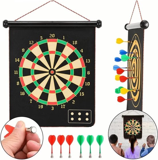 Een dubbelzijdig magnetisch dartbord, geschikt voor binnen- en buitengebruik, met 6 darts. Perfect voor speelkamers, feestjes, vrijetijdsactiviteiten, kinderen en tieners.