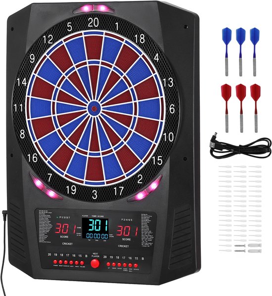 Elektronisch dartbord met 336 mm doel, 45 spellen en 474 variaties voor maximaal 8 spelers, inclusief 6 dartpijlen, flights en 50 soft tips, LED-cricket scorebord voor thuis, feestjes en bars