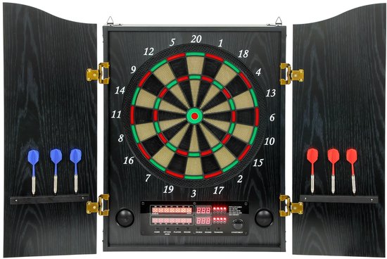 Elektronisch dartbord met deuren - houtlook - led - display - gesproken instructies - 6 darts en 24 reservepunten.