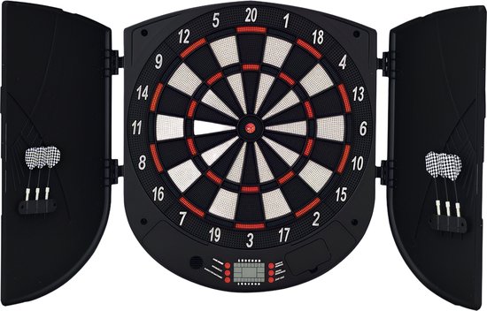 Elektronisch digitaal dartbord met 6 darts, tot 8 spelers, scorebord, zijpoorten, lcd-scherm en 26 spellen, 44x4,4x50 cm, zwart