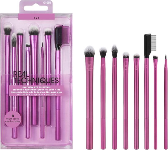 Essentiële Oogmake-up Kwastenset - 8-delig, Oogschaduw, Oogpoeder, Wenkbrauwen en Wimpers, Dierproefvrij en Veganistisch van ES