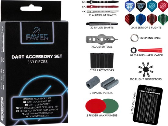 Faver Dart Accessoire Set 363 Stuks - Aluminium/Nylon shafts - Check-out card - Dartset