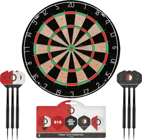 Feyenoord Dartbord - Dartbord met 6 dartpijlen - Multipack 5 Sets Dart Flights - Dart Shafts - Darts - Cadeau van Feyenoord