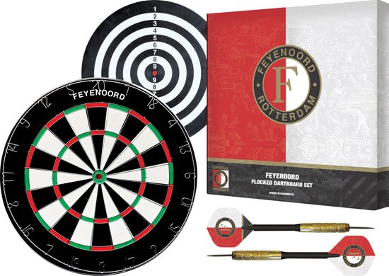 Feyenoord Flocked Dartbord - Dubbelzijdig - Dartbord met 6 dartpijlen - Dart Flights - Dart Shafts - Darts - Cadeau van Feyenoord