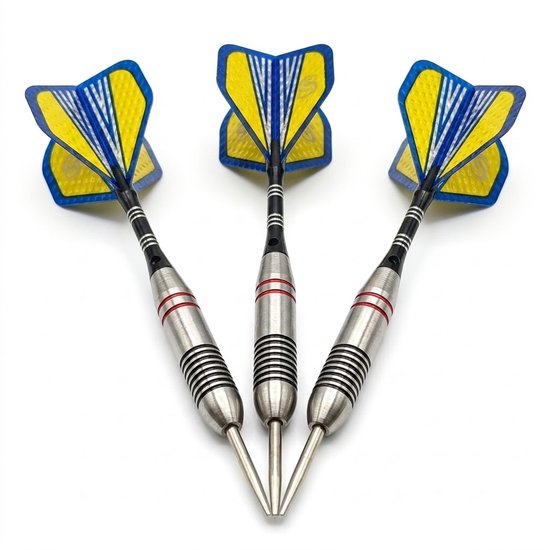 Geel blauw zilverkleurig dartpijlen set 3 stuks 24g dartpijlen heren dames metalen punt roestvrij staal darts met geribbelde grip en geel blauwe flights