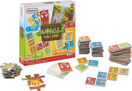 Grafix 4-in-1 Kaartspellen voor Kinderen | Thema Jungle | Kwartet - Domino - Puzzel | denkspel | Geschikt voor kinderen vanaf 5 jaar van Grafix