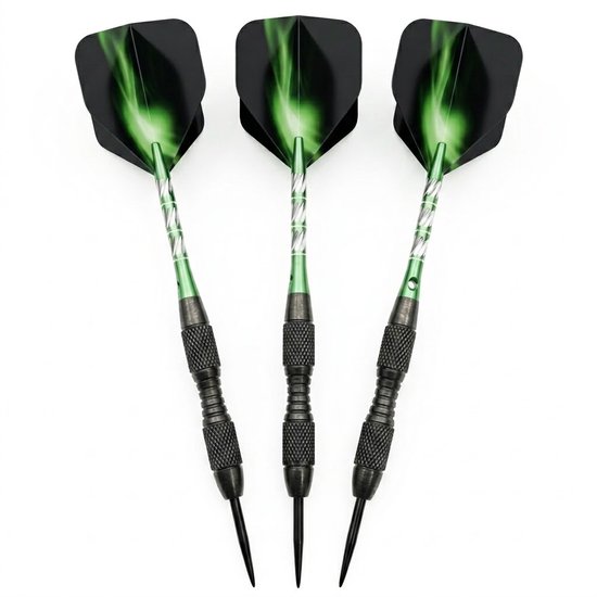 Groen zwarte dartpijlen set 22g met metalen barrel en gegraveerd patroon – darts voor heren en dames – dartpijlen met aluminium schacht, groene flights en geribbelde grip – set van 3 darts voor entertainment en spellen van Merkloos