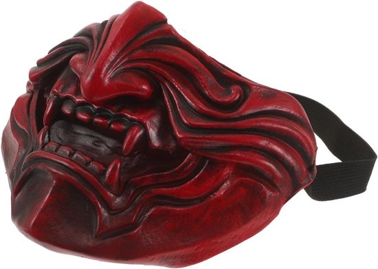 Half Face Japanese Samurai Mask Lichtgewicht Latex Demon Mask met Donkerrood Relief Ademend Flexibel voor Halloweenfeest Cosplay Podiumgebruik