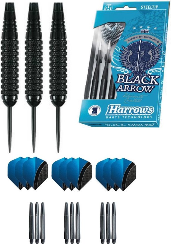 Harrows - Black Arrow Knurled  Brass darts met 9 - dartshafts - en 9 - dartflights - 20 gram - dartpijlen van Harrows