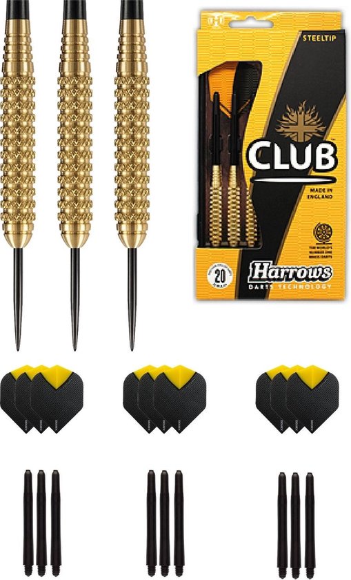 Harrows - Club Brass 100% Knurled  Brass darts met 9 - dartshafts - en 9 - dartflights - 20 gram - dartpijlen van Harrows
