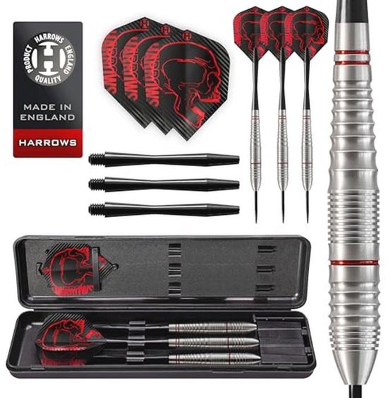 Harrows Rage Tungsten Style Dart Flights | Steel Tip Darts Set with Carrying Case | 21g, 22g, 23g & 24g| Includes Speedline Shafts & 100 Micron Rage Flights 22g van Merkloos