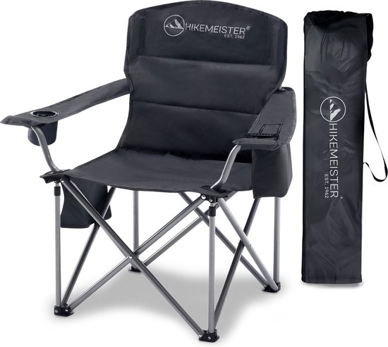 Hikemeister ® XXL Campingstoel, opvouwbare klapstoel tot 158 kg, Kampeerstoel gevoerd met geisoleerde bekerhouders, vis stoel met armleuningen, buitenstoel, Grijs , vouwstoel met draagtas van Hikemeister