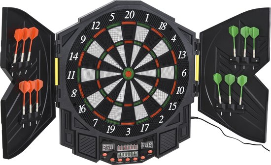 HOMCOM Elektronisch dartbord dartbord met deur incl. 4 LED 216 spellen 12 pijlen B8-0006 van Merkloos