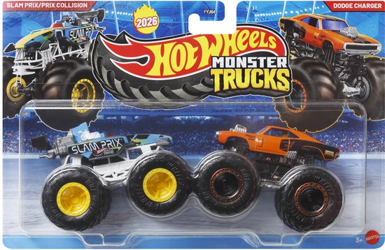 Hot wheels Monster Jam truck 2-pack Slam Prix / Prix Collision & Dodge Charger- monstertrucks 9 cm schaal 1:64 van Merkloos