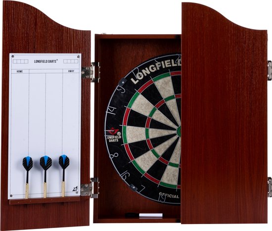 Houten cabinet rood / bruin + sisal dartbord inclusief 2 sets 18 gr darts van Abbey Darts