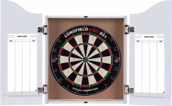 Houten cabinet wit, met een sisal dartbord van Abbey Darts