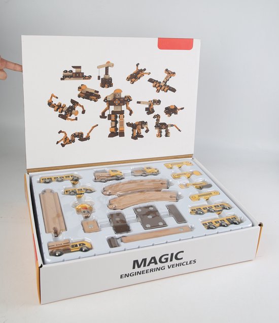 Houten magneet bouwset trein en robot - voertuigen - dinosaurus van Little Dutch