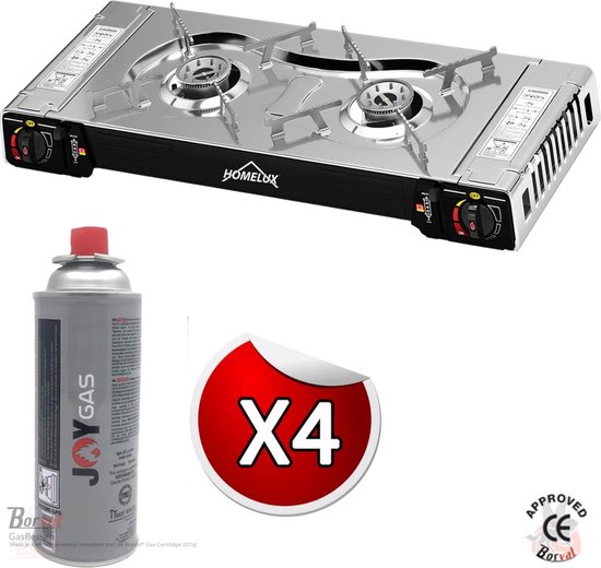 IBBO® - Camping Kookstel 2 Pits - Kooktoestel - Kampeer kookstel - Gasstel - Gaspit - Kookplaat - Elektronische ontsteking - 2 Pits - Buiten Koken - Twee pits gasfornuis - RVS - Zilver - Inclusief 4 Gasflessen Gratis van IBBO
