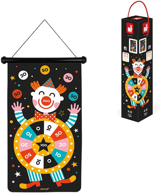 Janod Spel - Dartspel Circus - Een Dubbelzijdig Magnetisch Dartbord Voor Twee Keer Zoveel Plezier! - Daag Je Naasten Uit Voor Een Wedstrijd Met De 6 Bijgeleverde Gekleurde Darts - Geschikt Vanaf 4 Jaar van Janod