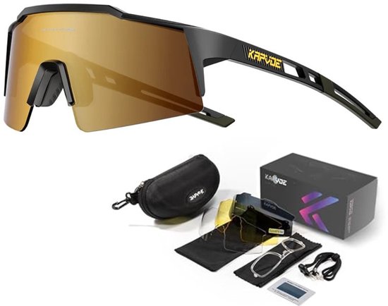 KAPVOE Sport Zonnebril - COMPLETE SET - 4 GLAZEN - Fietsbril - Sportbril - Mountainbike - Ski - Wintersport - Sneeuw - Polariserend - UV 400 - Nachtbril - Frame voor Zonnebril op Sterkte - Hoesje -Brillenkoker - Danes en Heren- Zwart goud van Kapvoe