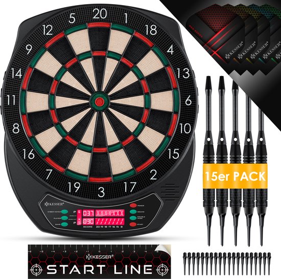 KESSER® Dartboard - Electronic Dartboard Profi Set - E Dartbord met 15 darts + 35 Pro Flights 100 pijlpunten + accessoires darts voor 1 tot 8 spelers Innovatieve elektronische dartmachine met 65 varianten - Klassiek met LCD van KESSER®