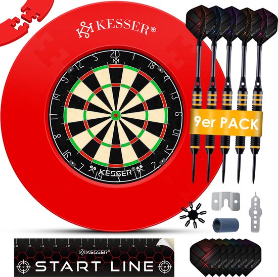 KESSER® Dartbord Sisal met Surround Ring Rood - 38-delige Dart Set inclusief 9x Dartpijlen en 21x Dartflights + Accessoires van Merkloos