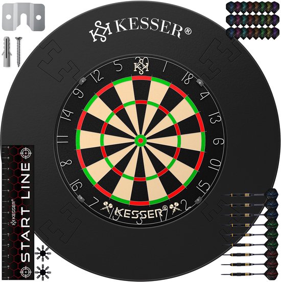 KESSER® Dartbord Sisal met Surround Ring Zwart - 38-delige Dart Set inclusief 9x Dartpijlen en 21x Dartflights + Accessoires van Merkloos
