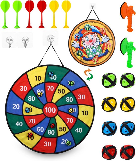 Kinder Dartbord - Vouwbaar Speelbord - Binnen Buiten Spelen - Dubbelzijdig Clownmotief - 66 cm - Oranje van Kinder