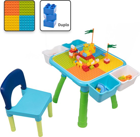 Kindertafel met 1 Stoeltje - Speeltafel met bouwplaat en Tafel kant - 4 Bakjes - Geschikt voor Duplo® Bouwstenen van Retelli