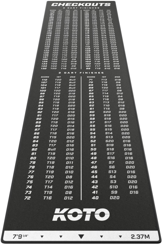 KOTO - Carpet Checkout Dartmat - Zwart -237 x 60 cm - Score Indicator - Antislip