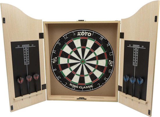 KOTO Dartkabinet Lightwood Oak Incl. Dartbord, 6 Steeltips Dartpijlen,KOTO Afwerplijn & Handleiding, Houten Darts Kast, Dartkast met dartpijlen, Kabinetdart van KOTO