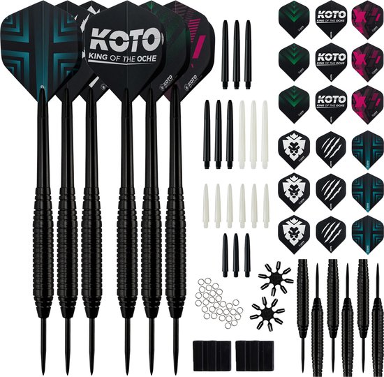KOTO Dartpijl Set 23 Gram, darts metalen tip, Steel Darts Met 18 stuks shafts & 18 stuks flights, 16 stuks flight beschermers, 30 stuks O-ringen & 2 stuks tip houder van KOTO