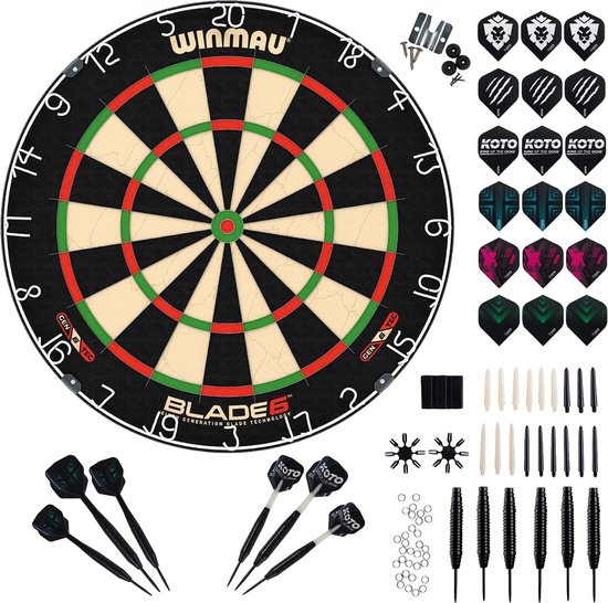 KOTO - Dartset Winmau Blade 6 Dartbord - Density-Control - 23 Gram - 6x100 Micron Flights) & 90X Accessoires van Merkloos