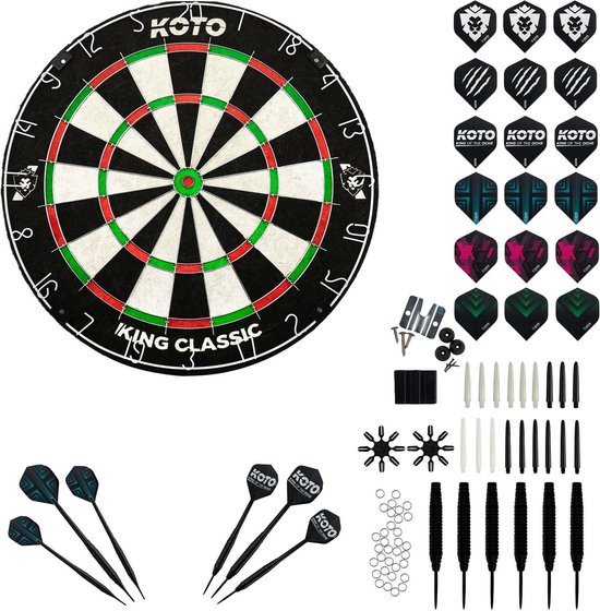 KOTO King Classic Academy Set, starterSet, hoogwaardig dartbord, inclusief 2 complete dartSets: barrels, shafts, flights van KOTO